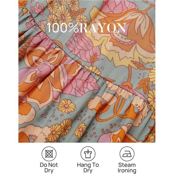 Women's Summer Boho Floral Print Square Neck Ruffle‎ Swing Beach Long Maxi Dress - Picture 5 of 6